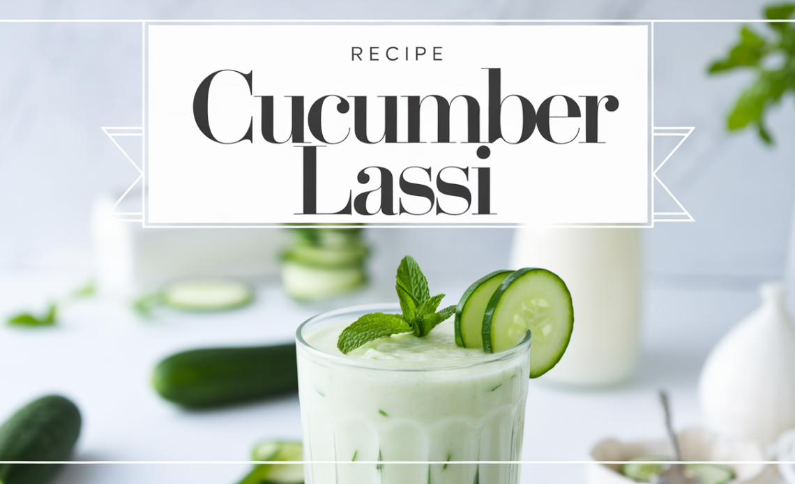A tall glass of cucumber lassi, garnished with cucumber slices and fresh mint, served with a straw on a wooden table.