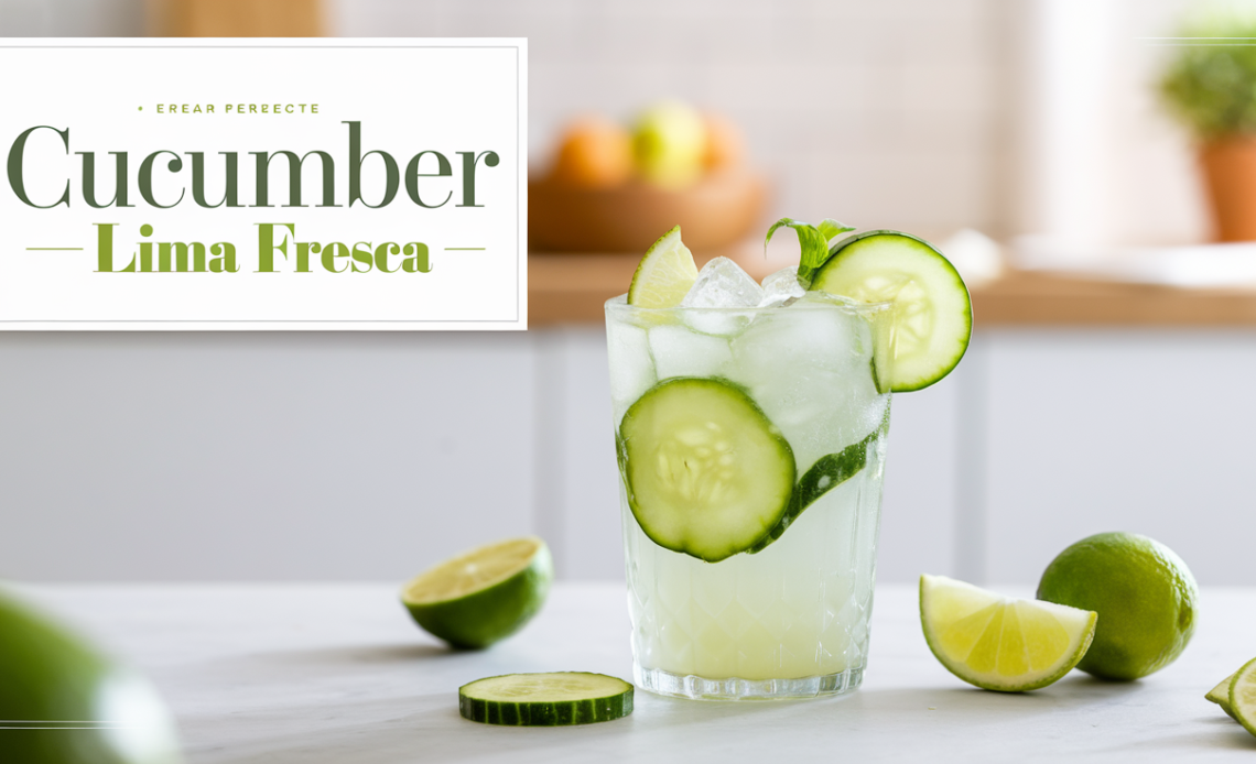 A refreshing glass of Cucumber Lime Agua Fresca, garnished with cucumber slices and lime wedges, served over ice.