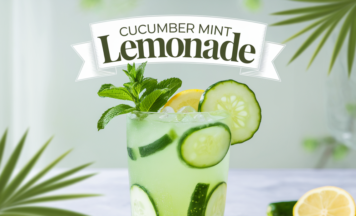 A glass of cool cucumber mint lemonade, garnished with fresh cucumber slices and mint leaves, served with ice cubes.