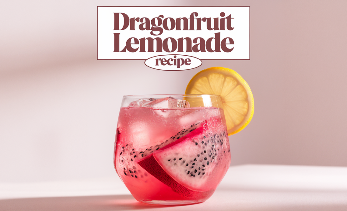 A vibrant glass of dragonfruit lemonade, with a bright pink hue, garnished with a slice of lemon and a sprig of mint, served over ice.