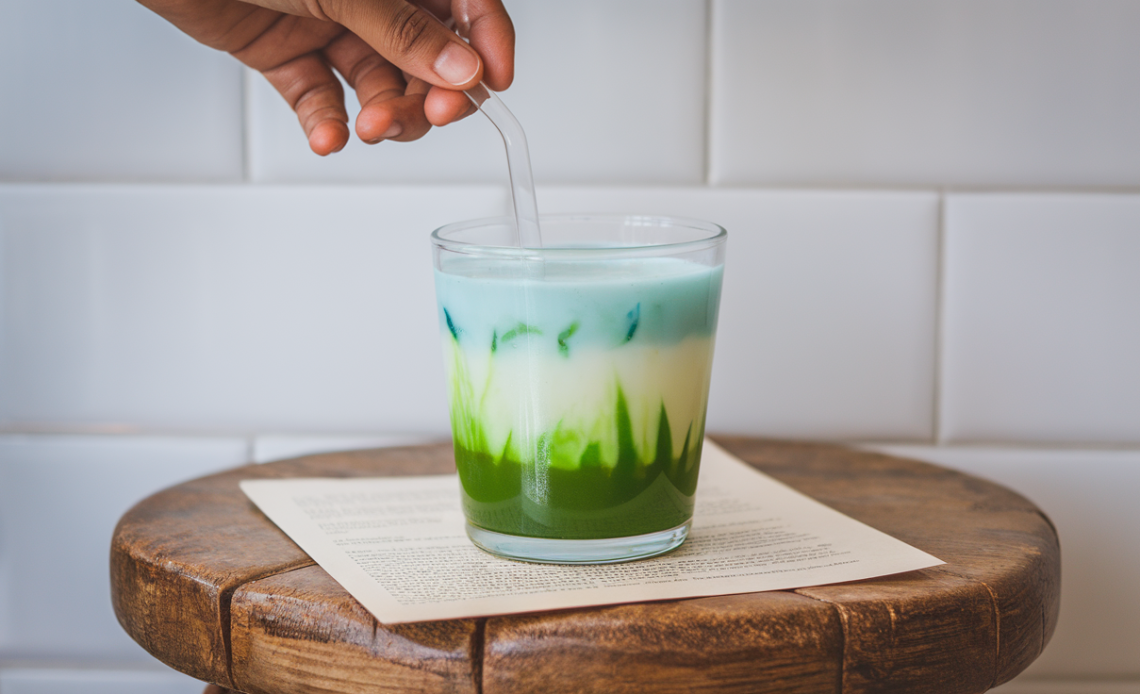Colorful Earth Day-themed drink featuring fresh ingredients in a glass with green and blue layers, surrounded by eco-friendly accessories.