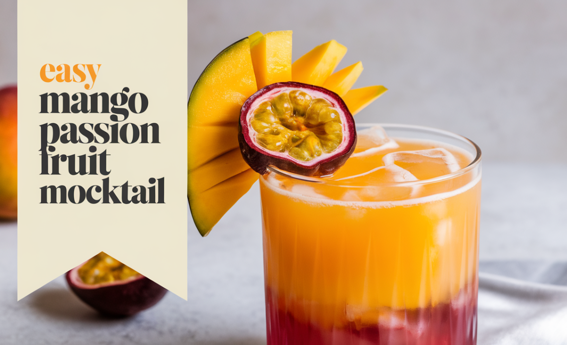 A vibrant mango passion fruit mocktail in a tall glass, garnished with fresh mint leaves and a slice of lime, served with a straw.