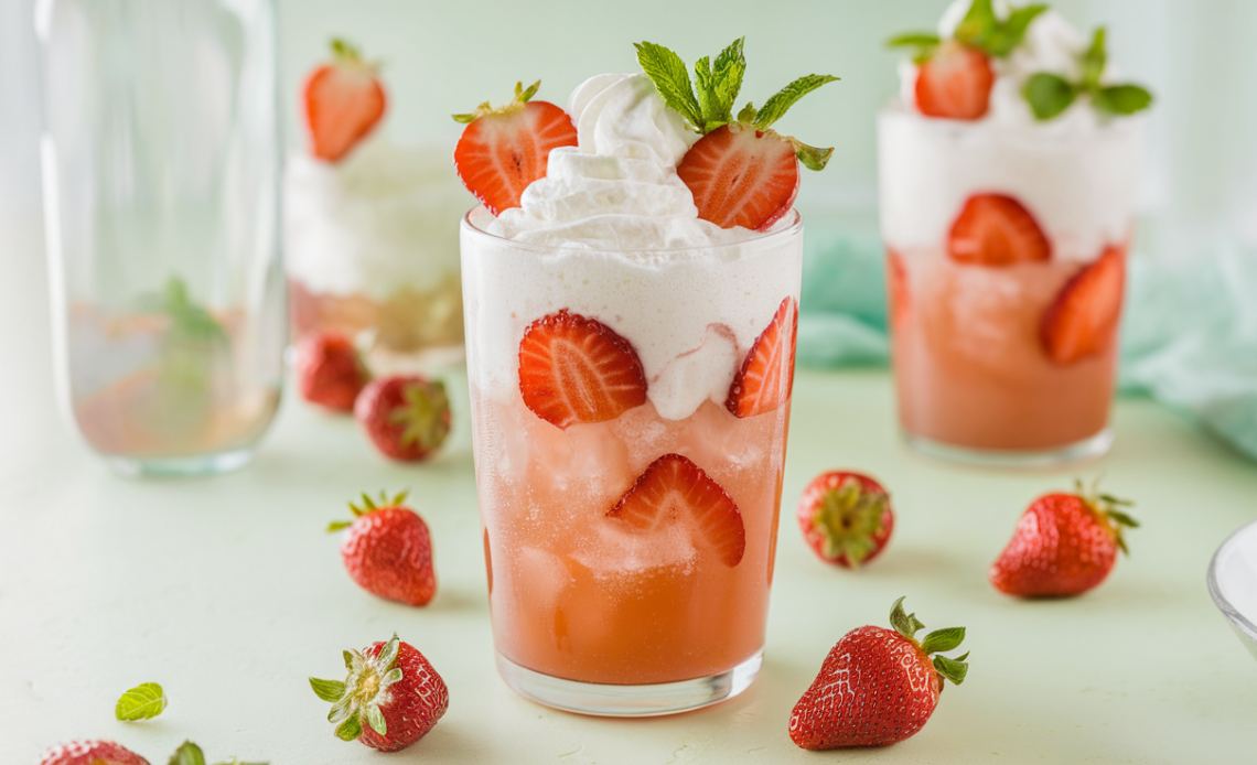 A vibrant, easy-to-make strawberry patch float with fresh strawberries, whipped cream, and soda in a tall glass, garnished with mint leaves.