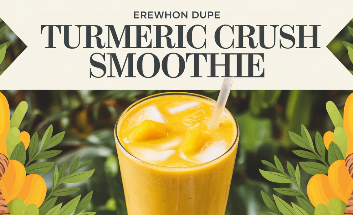 Close-up of a vibrant yellow Erewhon Dupe Turmeric Crush Smoothie, topped with a sprinkle of turmeric and a slice of citrus.