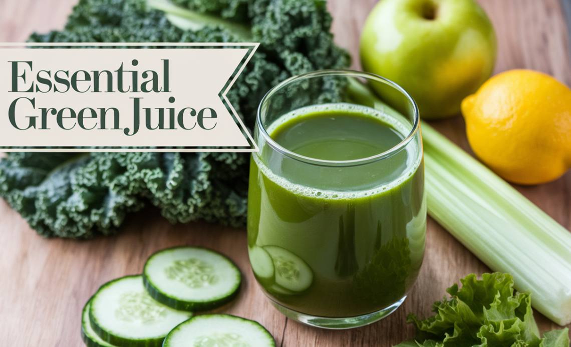 A glass of vibrant green juice made from spinach, kale, cucumber, and apple, served with a slice of lemon on the rim and fresh herbs as garnish.