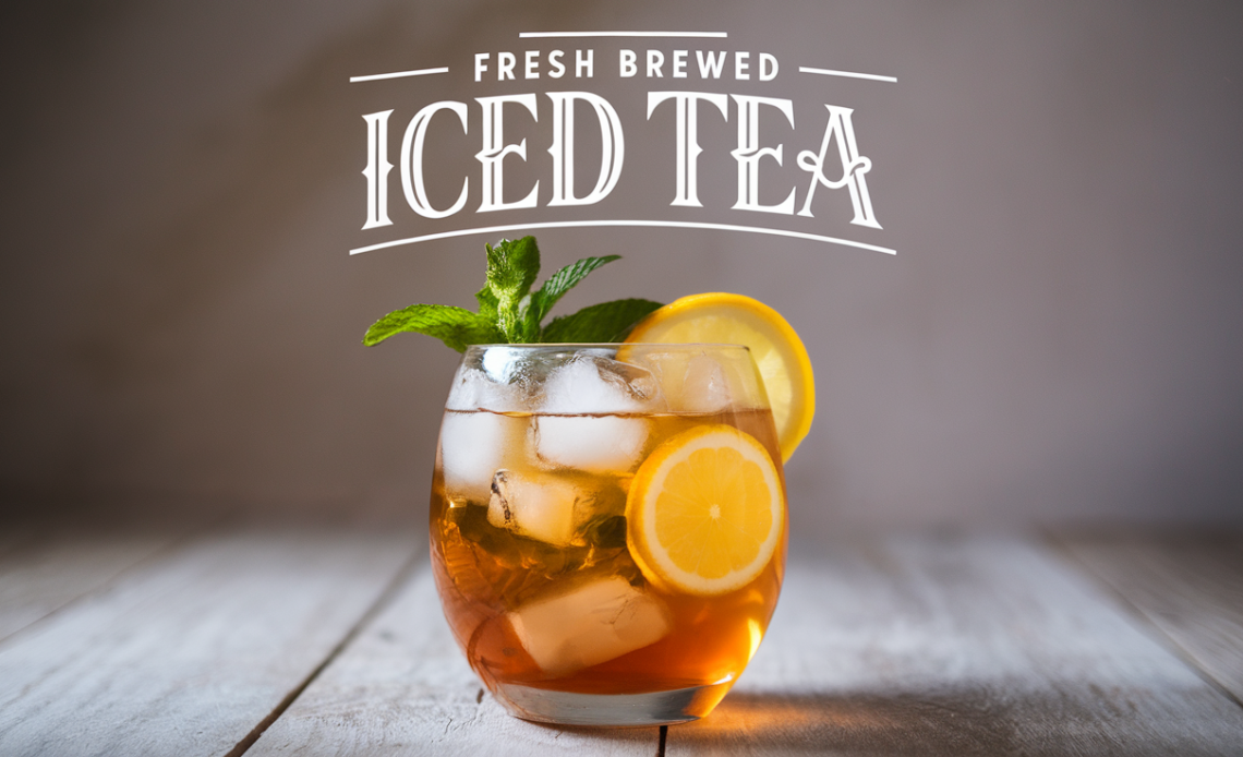 A tall glass of freshly brewed iced tea with a slice of lemon, mint leaves, and ice cubes, served on a wooden table.