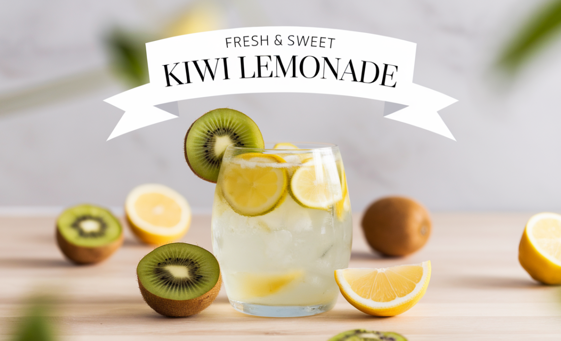 A tall glass of fresh kiwi lemonade, garnished with kiwi slices and a sprig of mint, served over ice.