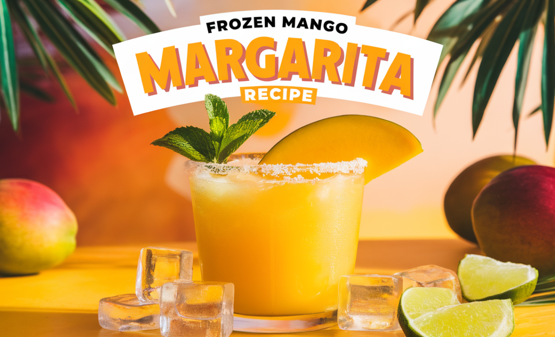 Refreshing frozen mango margarita served in a glass with a salted rim, garnished with a slice of fresh mango.