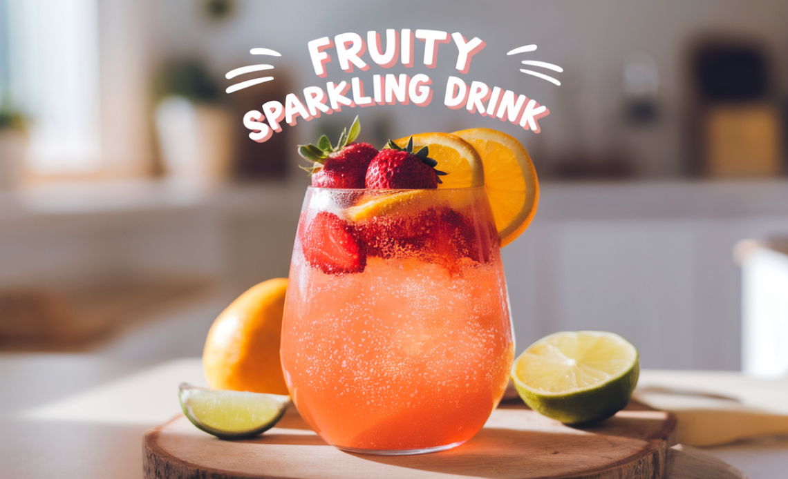 Colorful fruity sparkling drink in a glass with fresh fruit slices and bubbles.