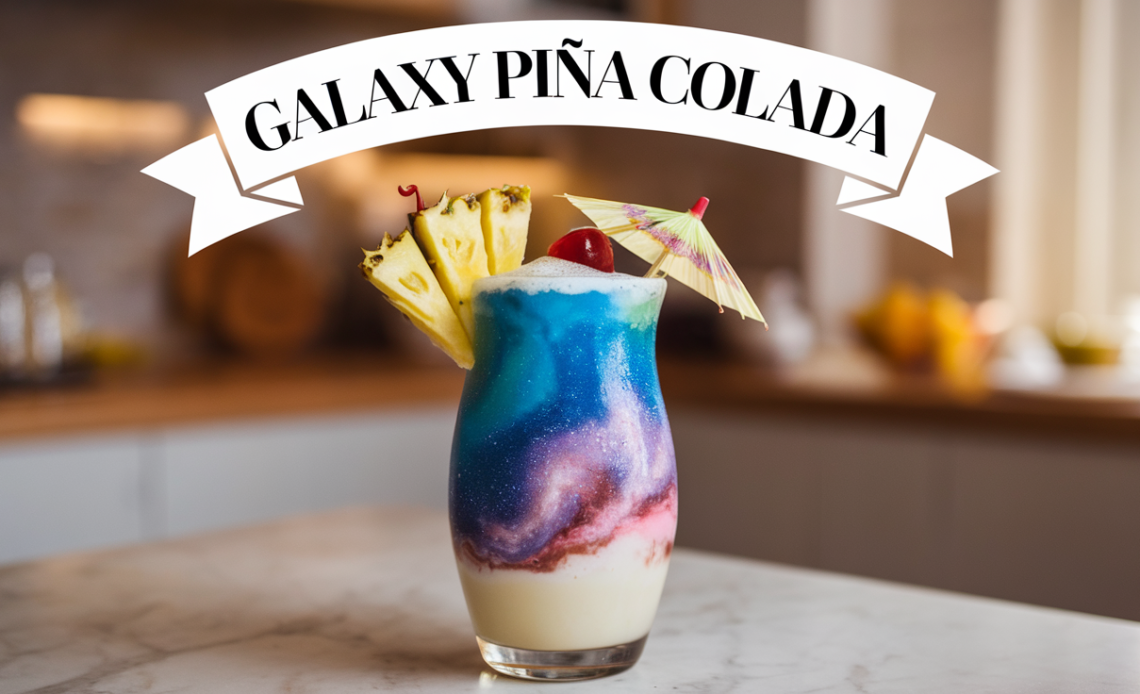 Colorful Galaxy Piña Colada cocktail with swirling purple and blue hues, topped with a slice of pineapple and a cherry.