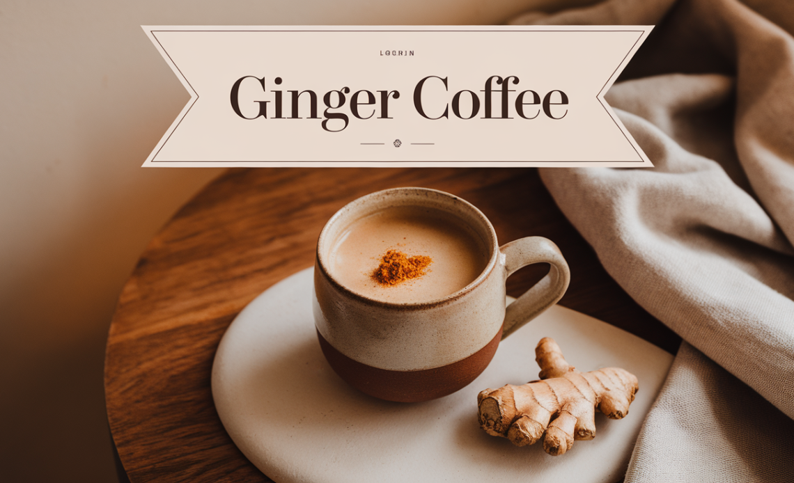 A steaming cup of ginger coffee, topped with a sprinkle of cinnamon, served with a cinnamon stick and a slice of fresh ginger.