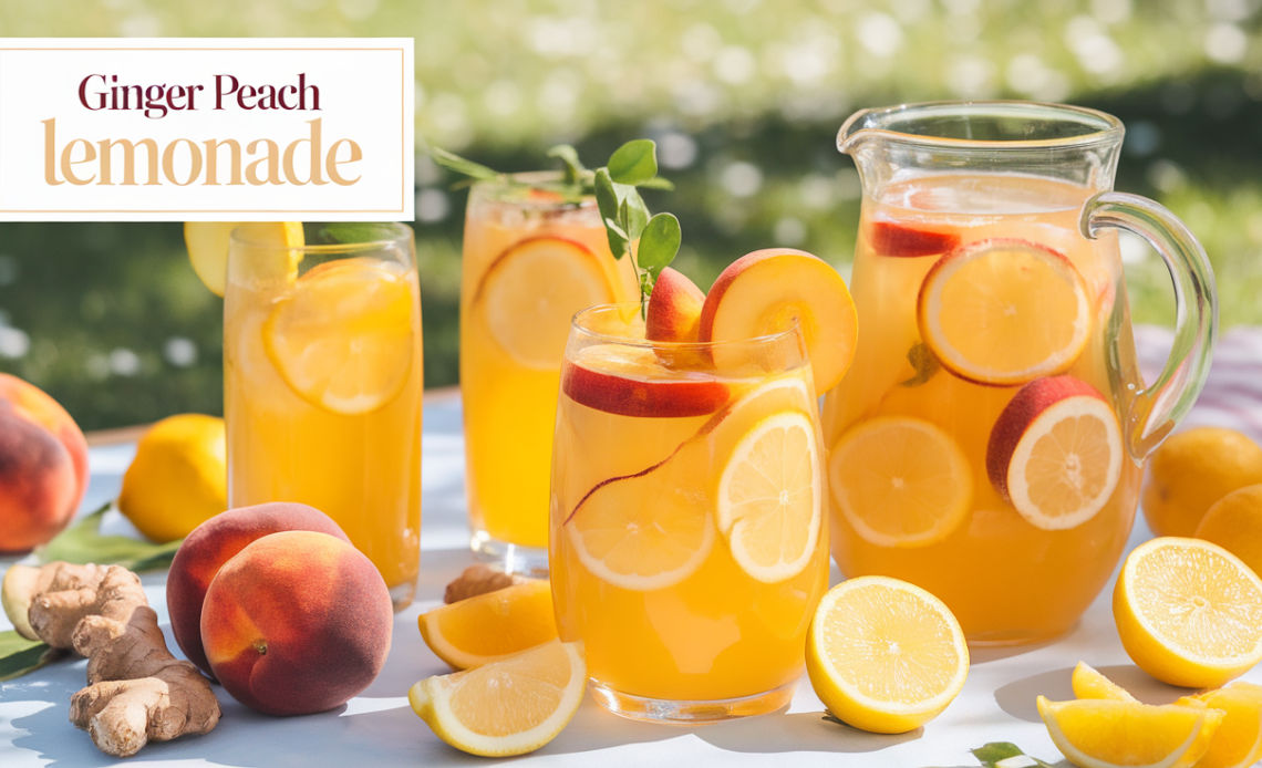 A refreshing glass of ginger peach lemonade with ice, fresh peach slices, lemon wedges, and a sprig of mint.