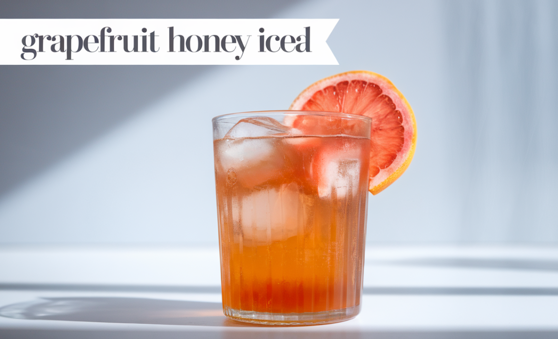 A glass of refreshing grapefruit honey iced tea with slices of fresh grapefruit and a drizzle of honey, served with a straw and ice cubes.