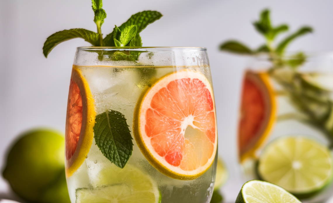 A glass of grapefruit lime infused green tea with slices of grapefruit and lime, served with a sprig of mint on a wooden surface.