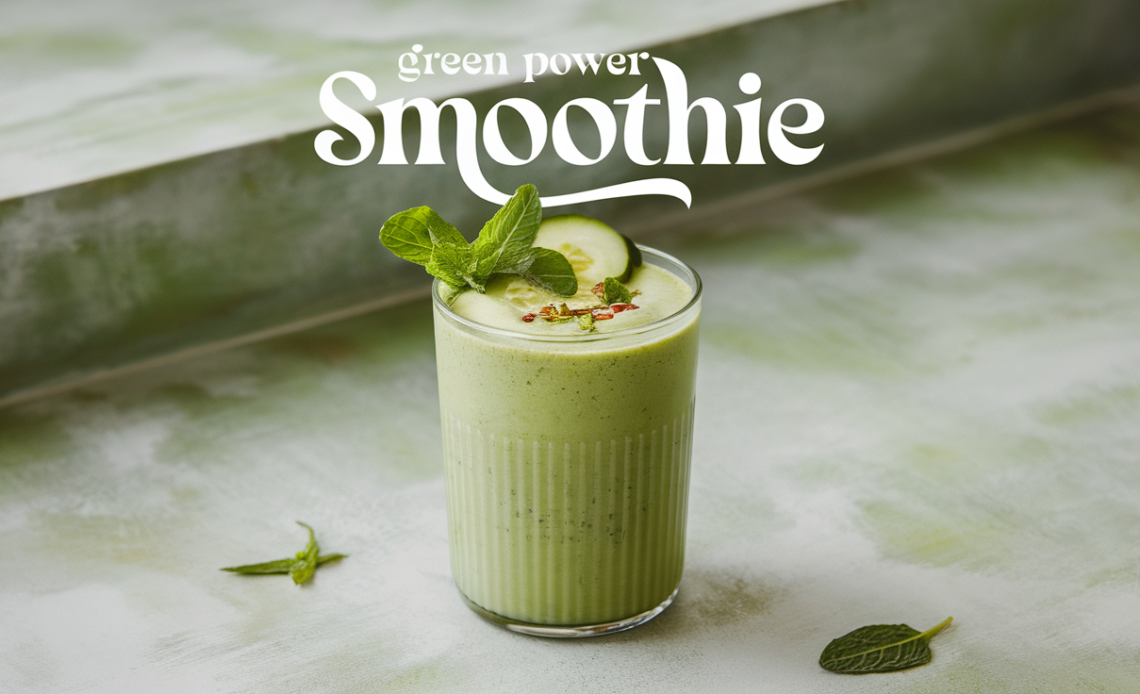 A vibrant green smoothie in a glass, filled with spinach, kale, banana, and almond milk, garnished with chia seeds and a slice of kiwi.