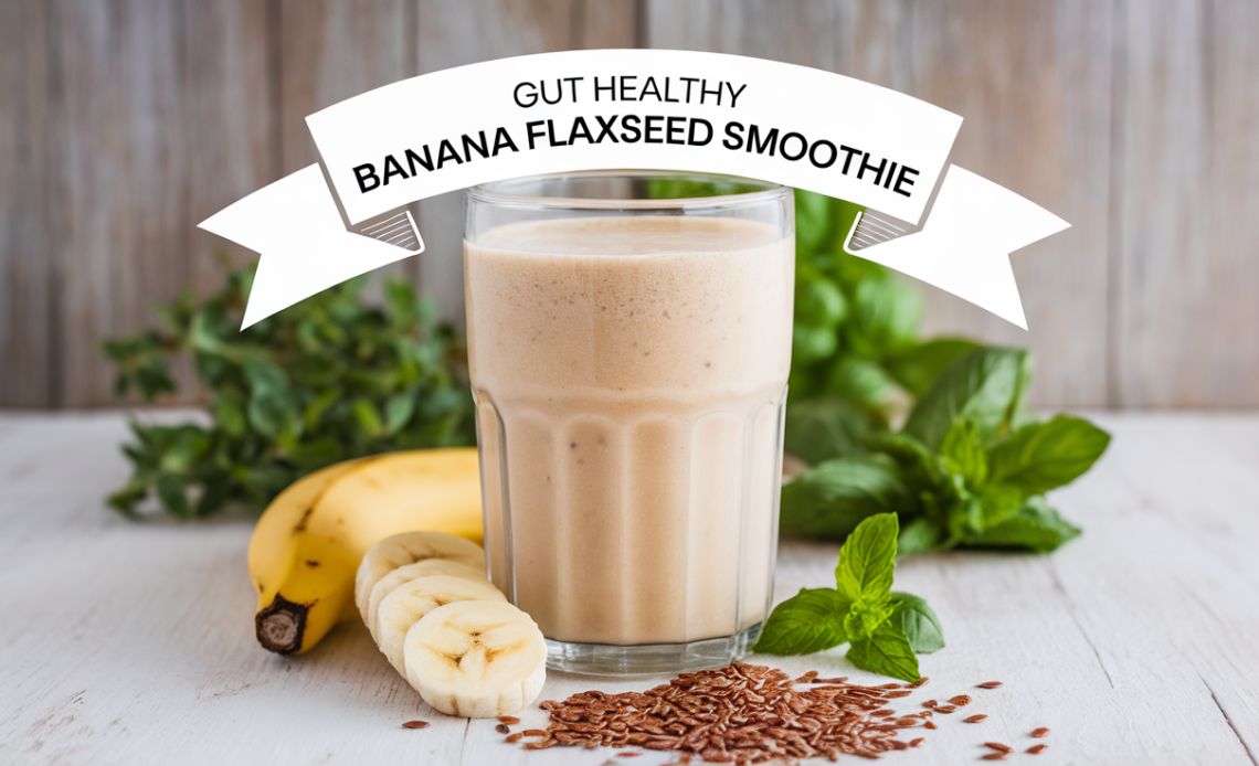 A creamy, green-colored gut-healthy banana flaxseed smoothie in a glass, topped with a sprinkle of flaxseeds and banana slices.