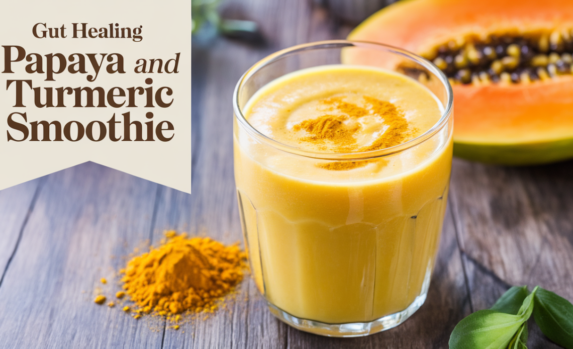 A creamy, vibrant papaya and turmeric smoothie served in a glass, garnished with a slice of papaya and a sprinkle of turmeric powder.