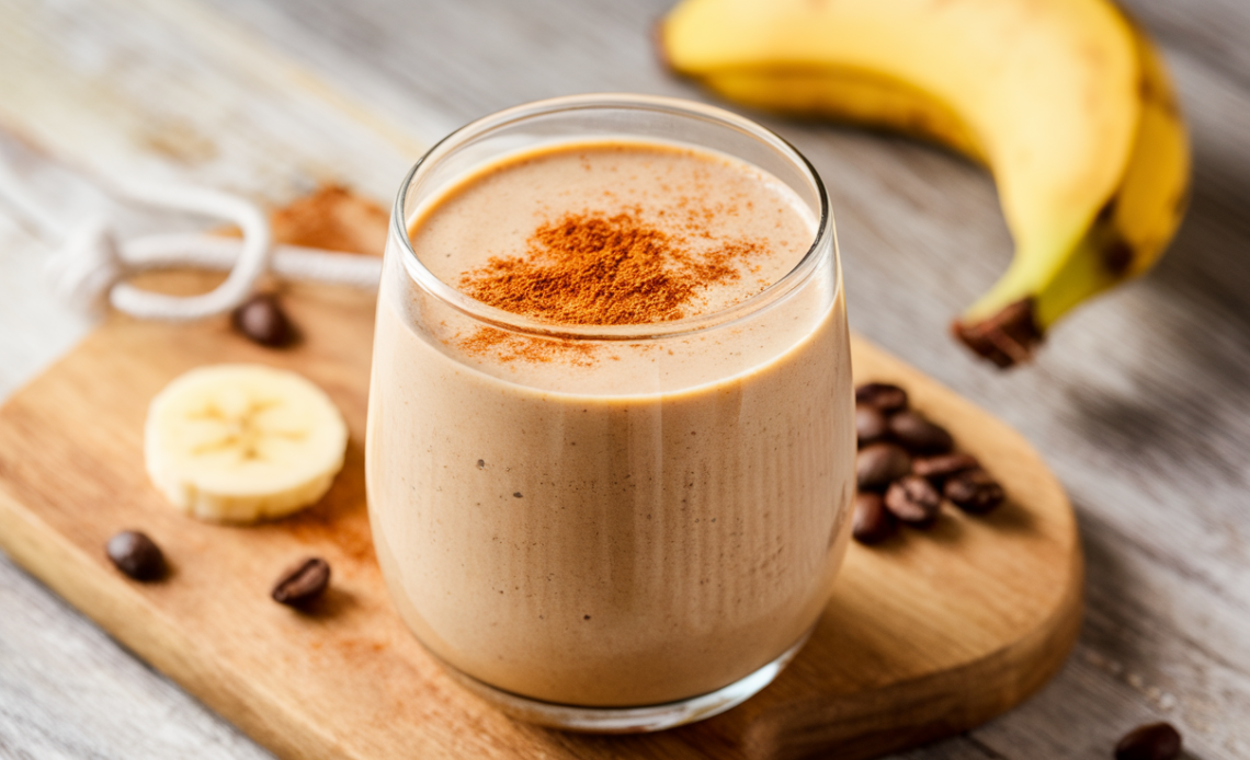 A creamy glass of healthy banana coffee smoothie topped with a sprinkle of cinnamon, served with a straw and surrounded by fresh bananas and coffee beans.