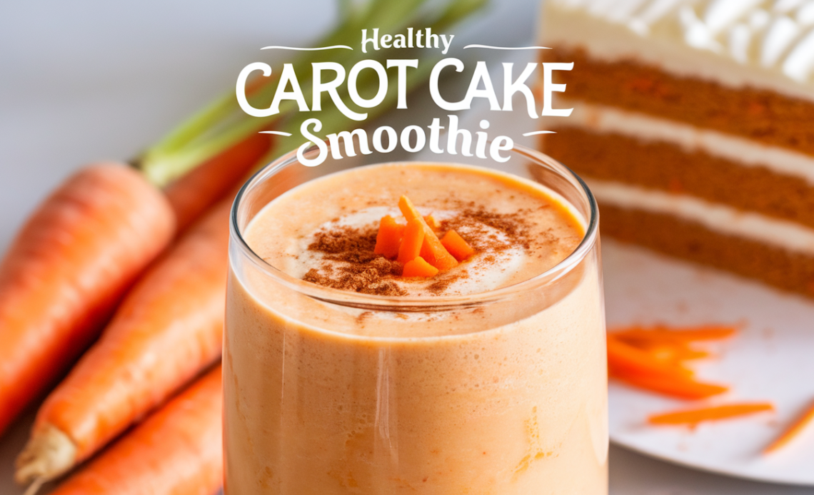 A creamy and vibrant Healthy Carrot Cake Smoothie in a glass, topped with a sprinkle of cinnamon, shredded carrots, and a few walnuts.
