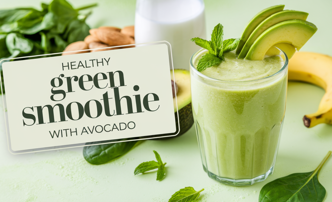 Healthy green smoothie with avocado, spinach, and other fresh ingredients in a glass.