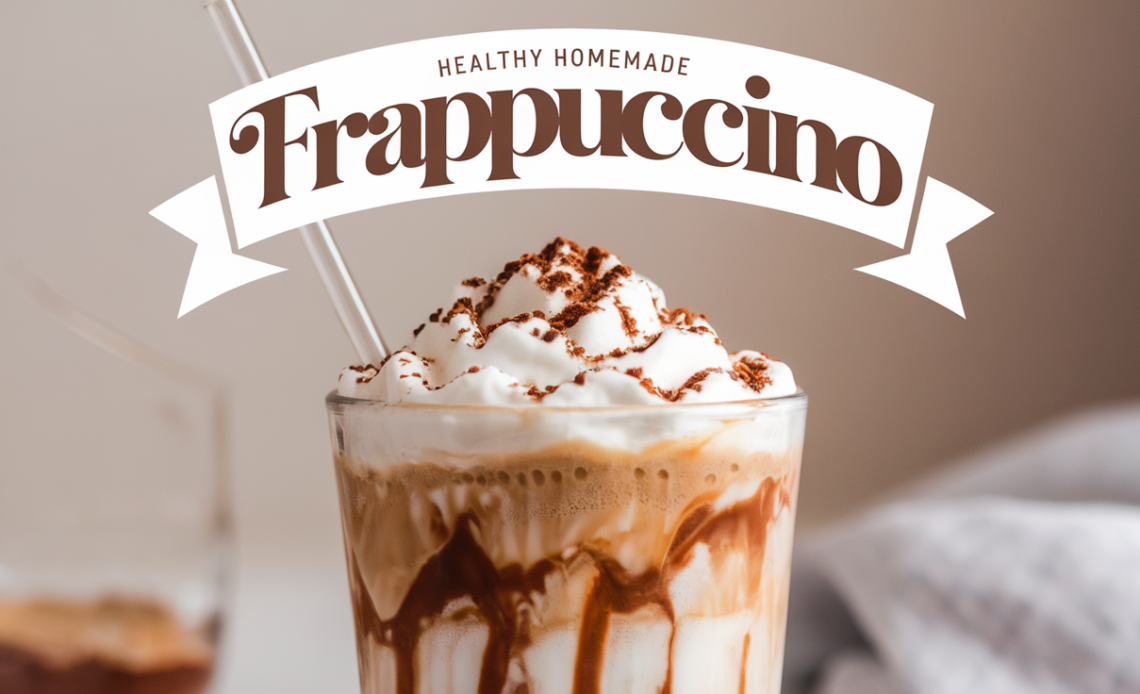 A tall glass of healthy homemade frappuccino, topped with a creamy layer of whipped coconut cream and a drizzle of chocolate syrup, served with a straw.