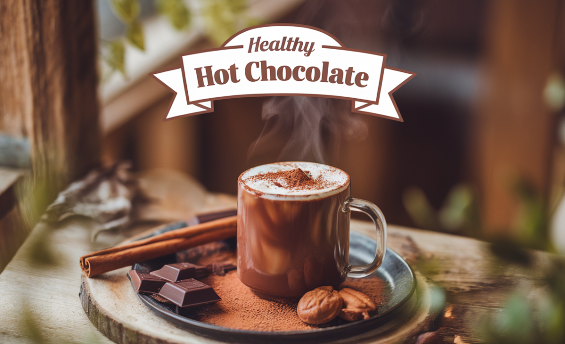 A steaming mug of healthy hot chocolate topped with a sprinkle of cinnamon and surrounded by cocoa beans.