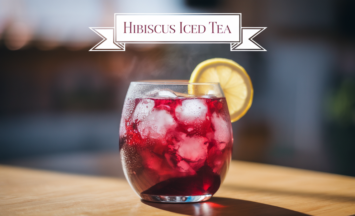 A tall glass of vibrant red hibiscus iced tea garnished with a slice of lemon and fresh mint, served over ice on a sunny day.