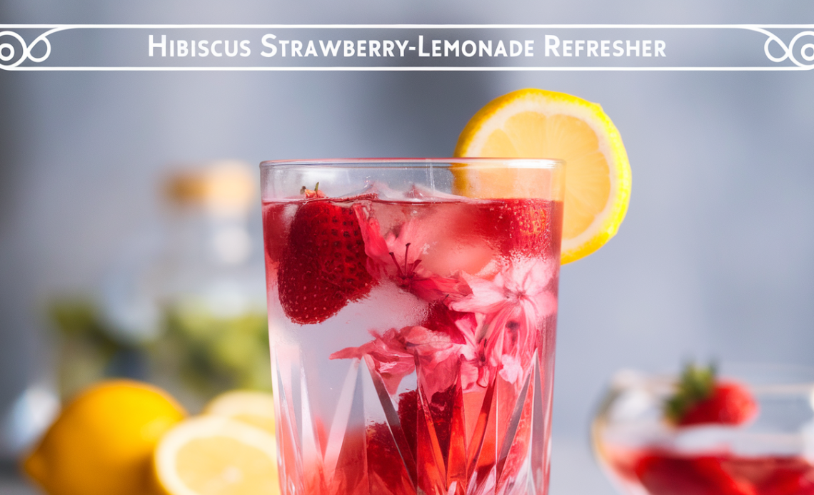 A vibrant glass of Hibiscus Strawberry-Lemonade Refresher with a slice of lemon and fresh strawberries, served over ice.