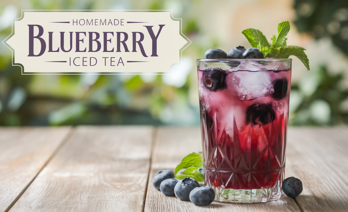 A refreshing glass of homemade blueberry iced tea with ice cubes, garnished with fresh blueberries and a sprig of mint.