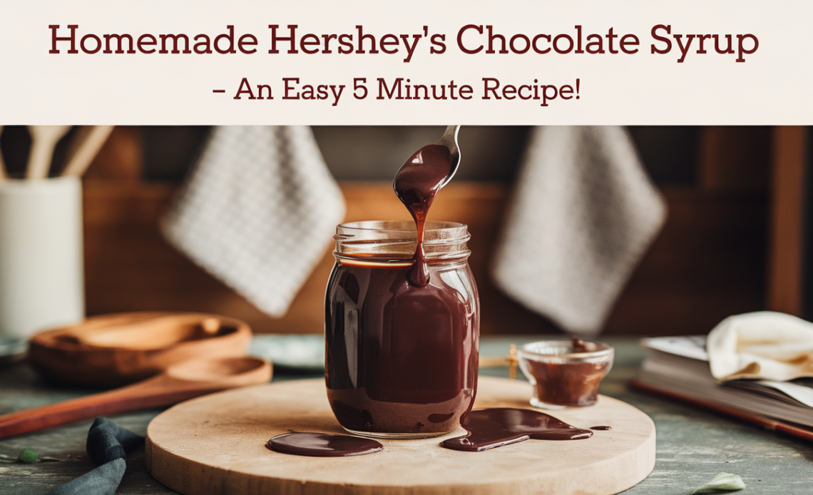 A jar of homemade Hershey's chocolate syrup on a wooden countertop, with a spoon dipped in it and a background of a cozy kitchen setting.