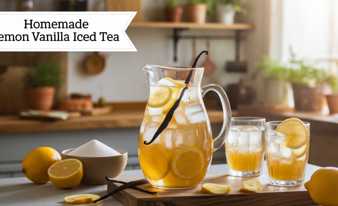 A tall glass of homemade lemon vanilla iced tea, garnished with a lemon slice and a vanilla bean, served over ice.