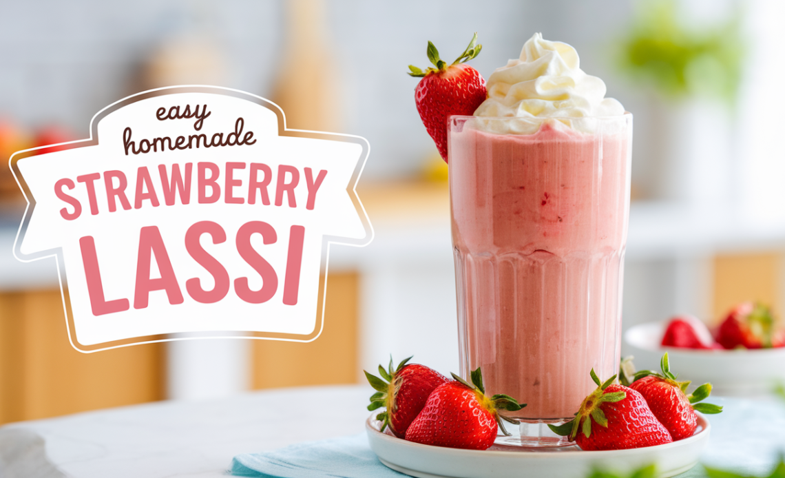 A refreshing glass of homemade strawberry lassi with a swirl of fresh strawberries on top, served in a clear glass with a straw.