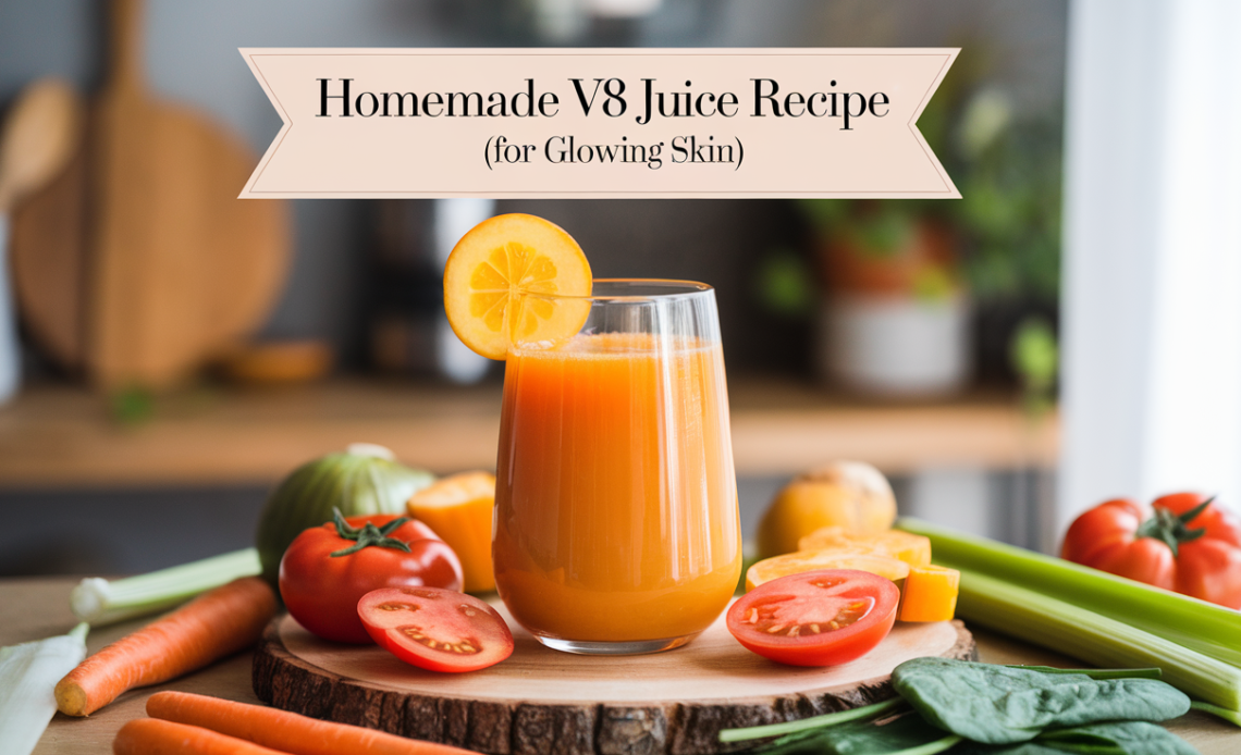 A glass of homemade V8 juice with vibrant orange, red, and green vegetables surrounding it, showcasing the ingredients for a glowing skin recipe.
