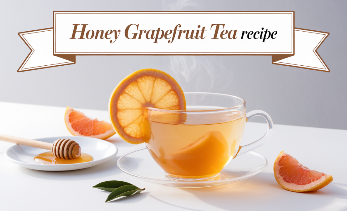 A warm cup of honey grapefruit tea with a slice of grapefruit on the rim, garnished with a sprig of mint.