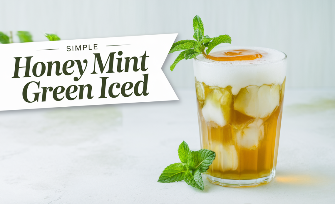 A tall glass of chilled honey mint green iced tea, garnished with fresh mint leaves and a slice of lemon, served on a wooden table.