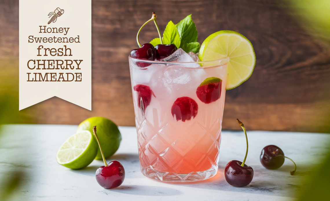 A glass of honey-sweetened fresh cherry limeade with vibrant red cherries and lime slices, served with ice and a straw.
