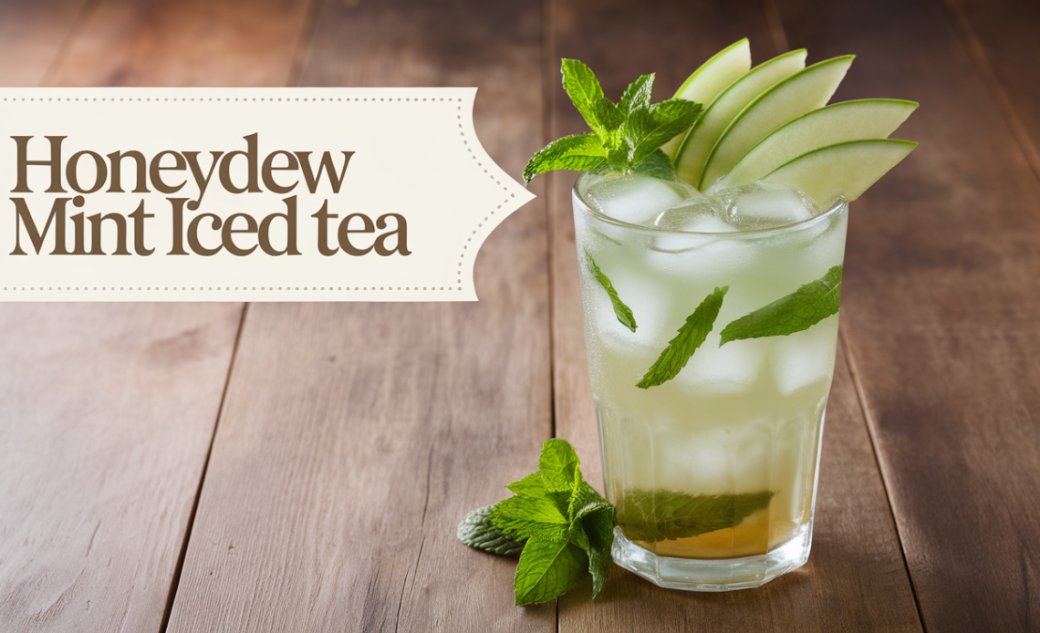 A refreshing glass of honeydew mint iced tea, garnished with fresh mint leaves and honeydew melon slices, served over ice in a tall glass.
