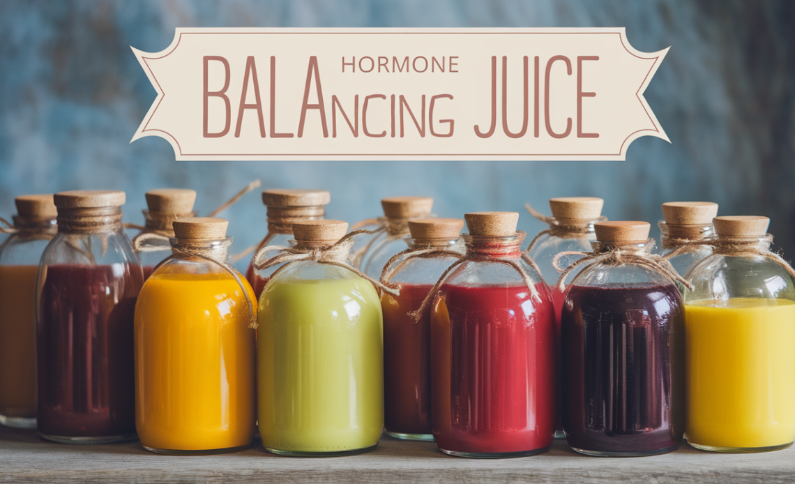 A refreshing glass of hormone-balancing juice with ingredients like kale, ginger, lemon, and beets, served with a slice of lemon on the rim.