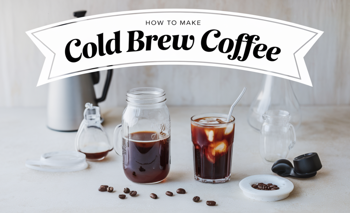 A glass of cold brew coffee with ice cubes and a splash of milk, accompanied by coffee beans and a brewing jar in the background.