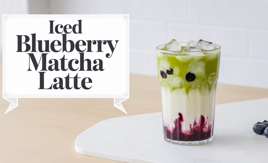 A glass of iced blueberry matcha latte with vibrant green matcha layered over a purple blueberry milk blend, topped with ice and fresh blueberries.