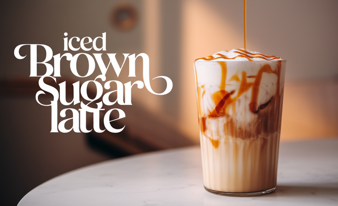 A refreshing iced brown sugar latte in a clear glass, topped with a swirl of foam and a sprinkle of brown sugar.