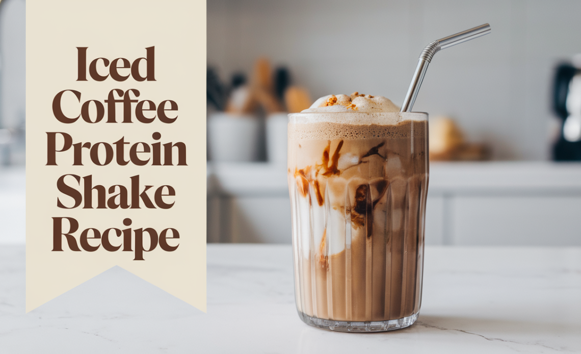 A tall glass of iced coffee protein shake topped with a swirl of whipped cream and a sprinkle of cocoa powder, served with a straw.