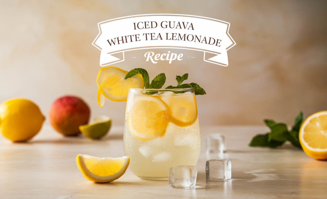 A refreshing glass of iced guava white tea lemonade with a lemon slice and mint leaves, served on a wooden table with ice cubes.