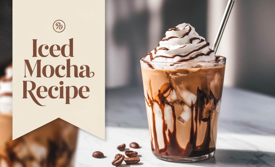A tall glass of iced mocha, with a creamy layer of whipped cream on top, drizzled with chocolate syrup, and served with a straw.