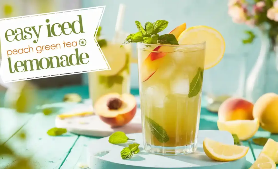 A refreshing glass of iced peach green tea lemonade garnished with lemon slices and fresh mint.