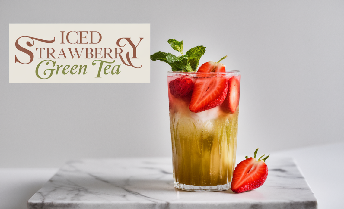 A tall glass of iced strawberry green tea with fresh strawberry slices, mint leaves, and ice cubes, served with a straw.