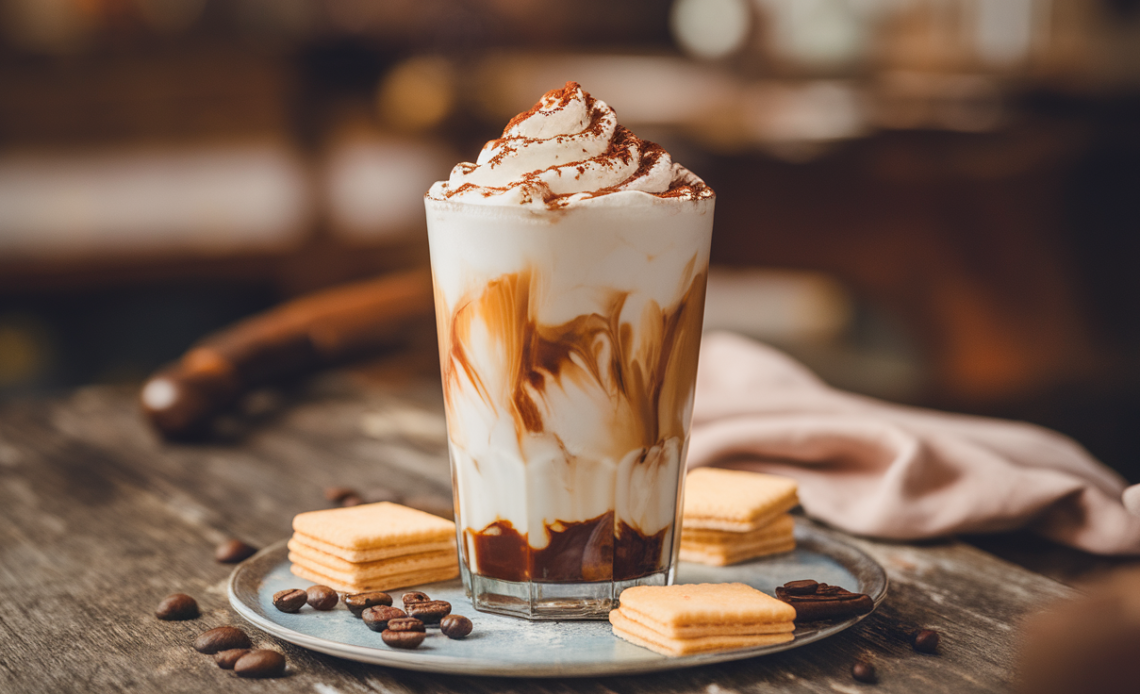 Iced Tiramisu Latte with a sprinkle of cocoa powder and coffee beans.
