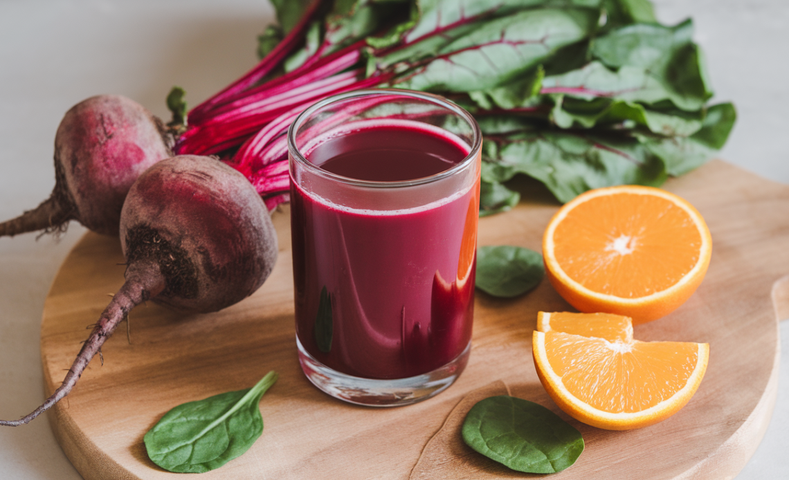 A vibrant glass of iron-boosting juice made with spinach, beetroot, and orange, garnished with a slice of orange and mint leaves.A vibrant glass of iron-boosting juice made with spinach, beetroot, and orange, garnished with a slice of orange and mint leaves.