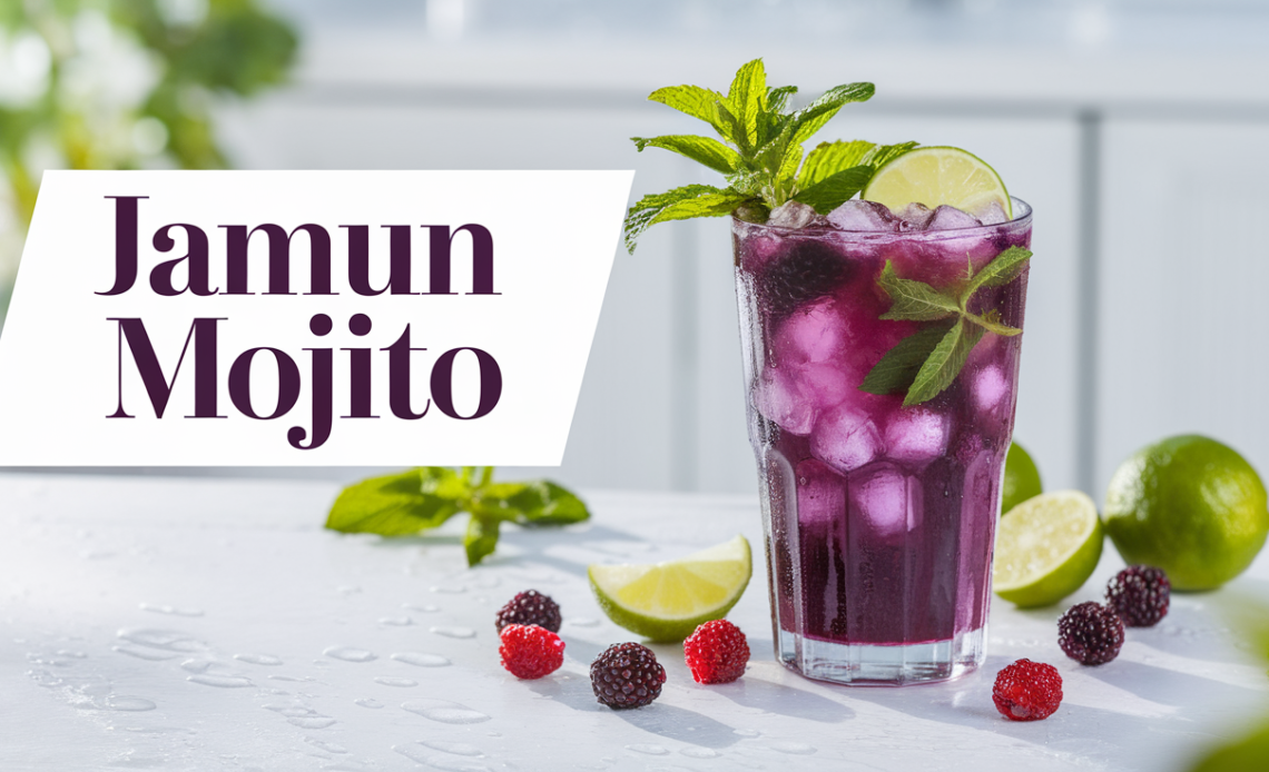 A refreshing glass of jamun mojito garnished with mint leaves and lime slices