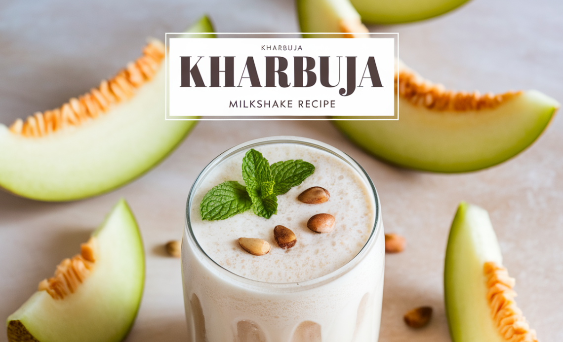 A creamy glass of Kharbuja milkshake topped with a sprinkle of melon seeds, served with a straw and garnished with a slice of melon.